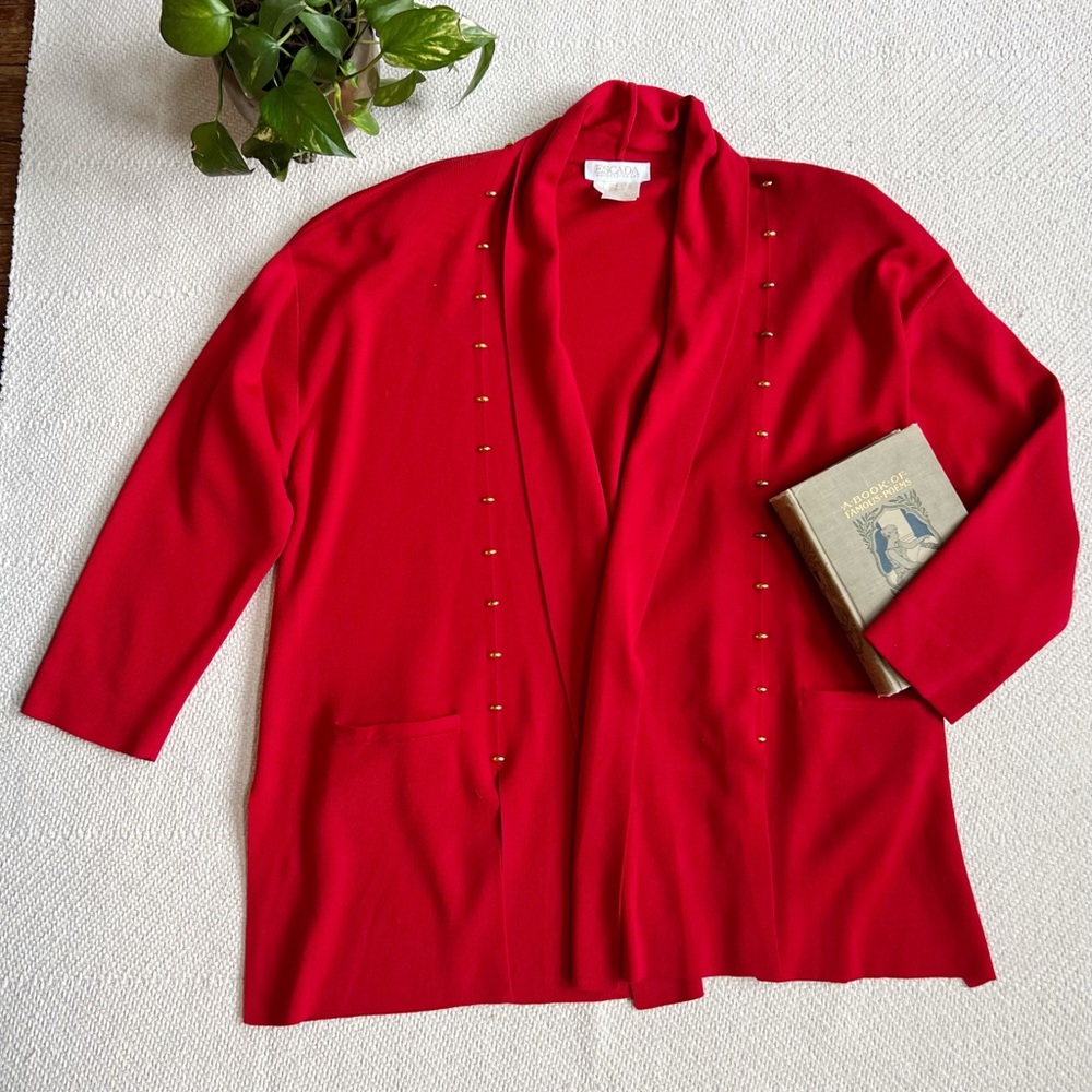 Escada by Margaretha Lev Wool Red Open Knit Cardigan Sweater women’s XL
